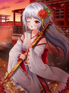 Preview wallpaper girl, kimono, katana, anime