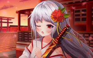 Preview wallpaper girl, kimono, katana, anime