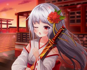 Preview wallpaper girl, kimono, katana, anime