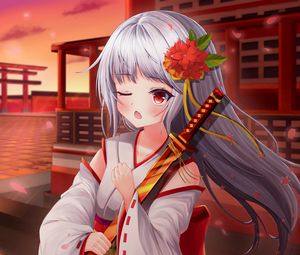 Preview wallpaper girl, kimono, katana, anime