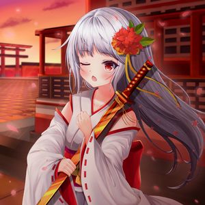 Preview wallpaper girl, kimono, katana, anime