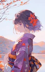 Preview wallpaper girl, kimono, lake, anime