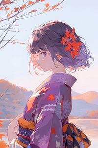 Preview wallpaper girl, kimono, lake, anime