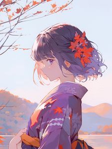 Preview wallpaper girl, kimono, lake, anime