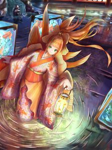 Preview wallpaper girl, kimono, lantern, underwater world, anime, art