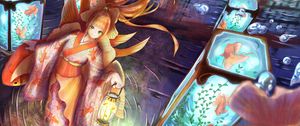 Preview wallpaper girl, kimono, lantern, underwater world, anime, art