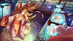 Preview wallpaper girl, kimono, lantern, underwater world, anime, art