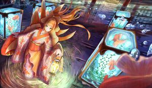 Preview wallpaper girl, kimono, lantern, underwater world, anime, art