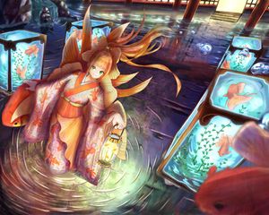 Preview wallpaper girl, kimono, lantern, underwater world, anime, art