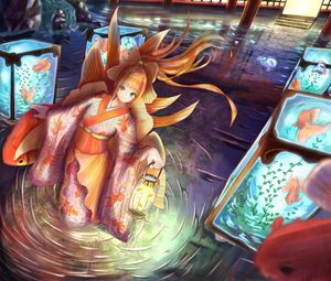 Preview wallpaper girl, kimono, lantern, underwater world, anime, art