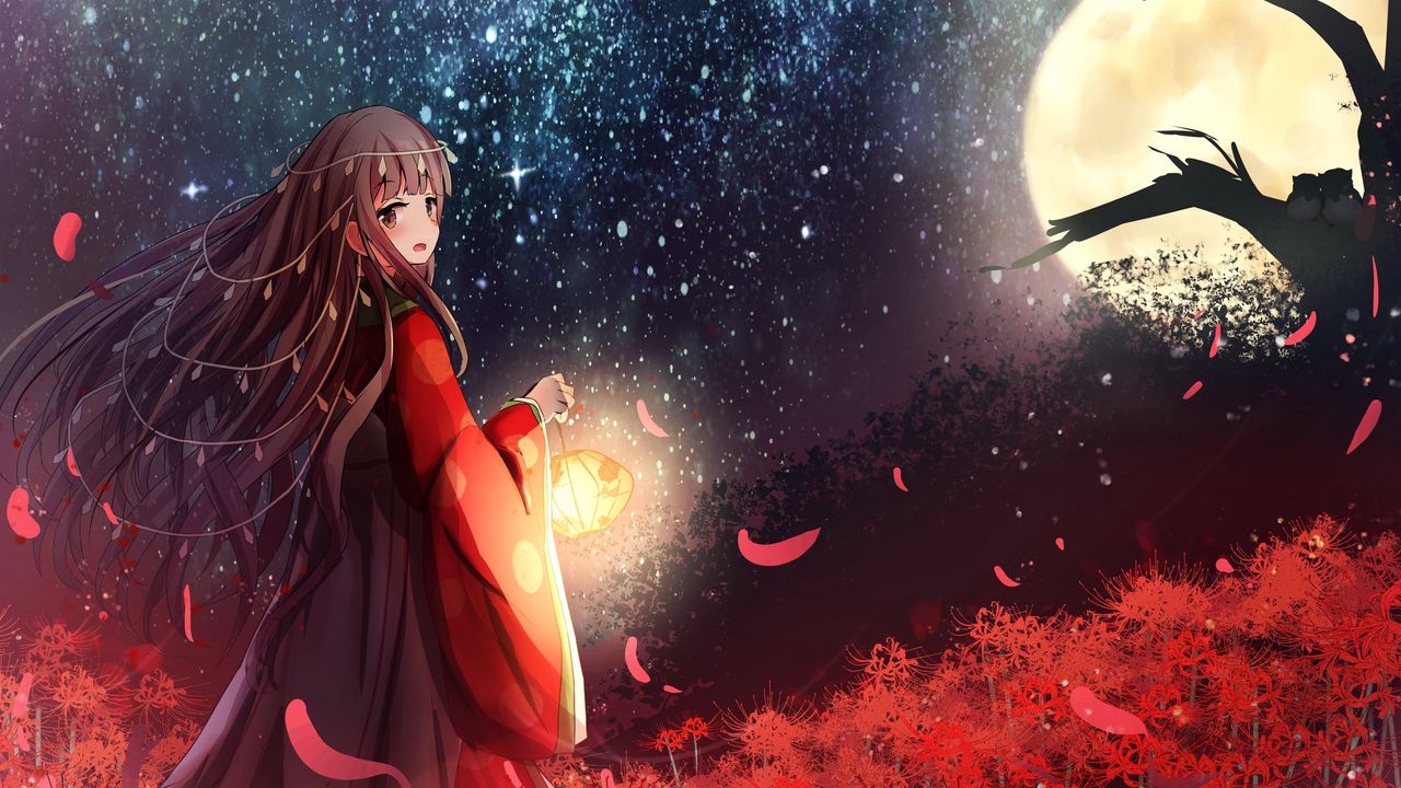 Wallpaper girl, kimono, lantern, light, anime
