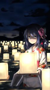 Preview wallpaper girl, kimono, lanterns, anime