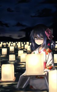 Preview wallpaper girl, kimono, lanterns, anime