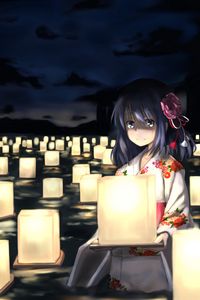 Preview wallpaper girl, kimono, lanterns, anime