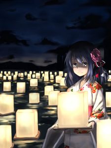 Preview wallpaper girl, kimono, lanterns, anime