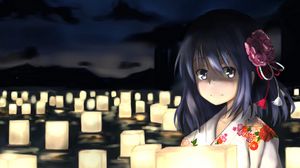 Preview wallpaper girl, kimono, lanterns, anime