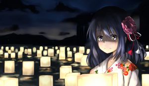 Preview wallpaper girl, kimono, lanterns, anime