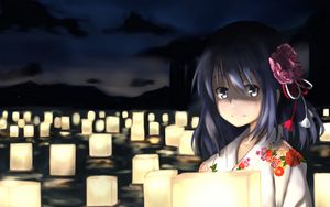 Preview wallpaper girl, kimono, lanterns, anime