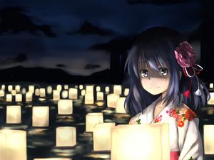 Preview wallpaper girl, kimono, lanterns, anime