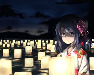 Preview wallpaper girl, kimono, lanterns, anime