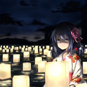 Preview wallpaper girl, kimono, lanterns, anime