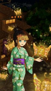 Preview wallpaper girl, kimono, lanterns, light, anime