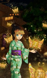 Preview wallpaper girl, kimono, lanterns, light, anime