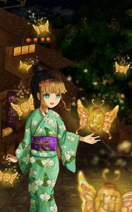 Preview wallpaper girl, kimono, lanterns, light, anime