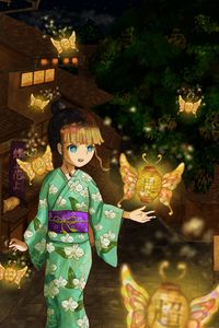 Preview wallpaper girl, kimono, lanterns, light, anime