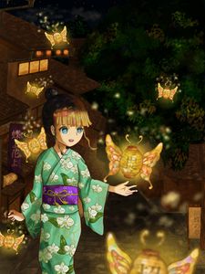 Preview wallpaper girl, kimono, lanterns, light, anime