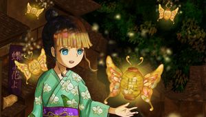 Preview wallpaper girl, kimono, lanterns, light, anime