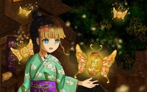 Preview wallpaper girl, kimono, lanterns, light, anime
