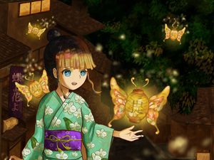 Preview wallpaper girl, kimono, lanterns, light, anime