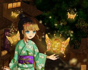 Preview wallpaper girl, kimono, lanterns, light, anime