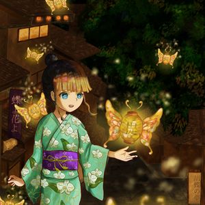 Preview wallpaper girl, kimono, lanterns, light, anime