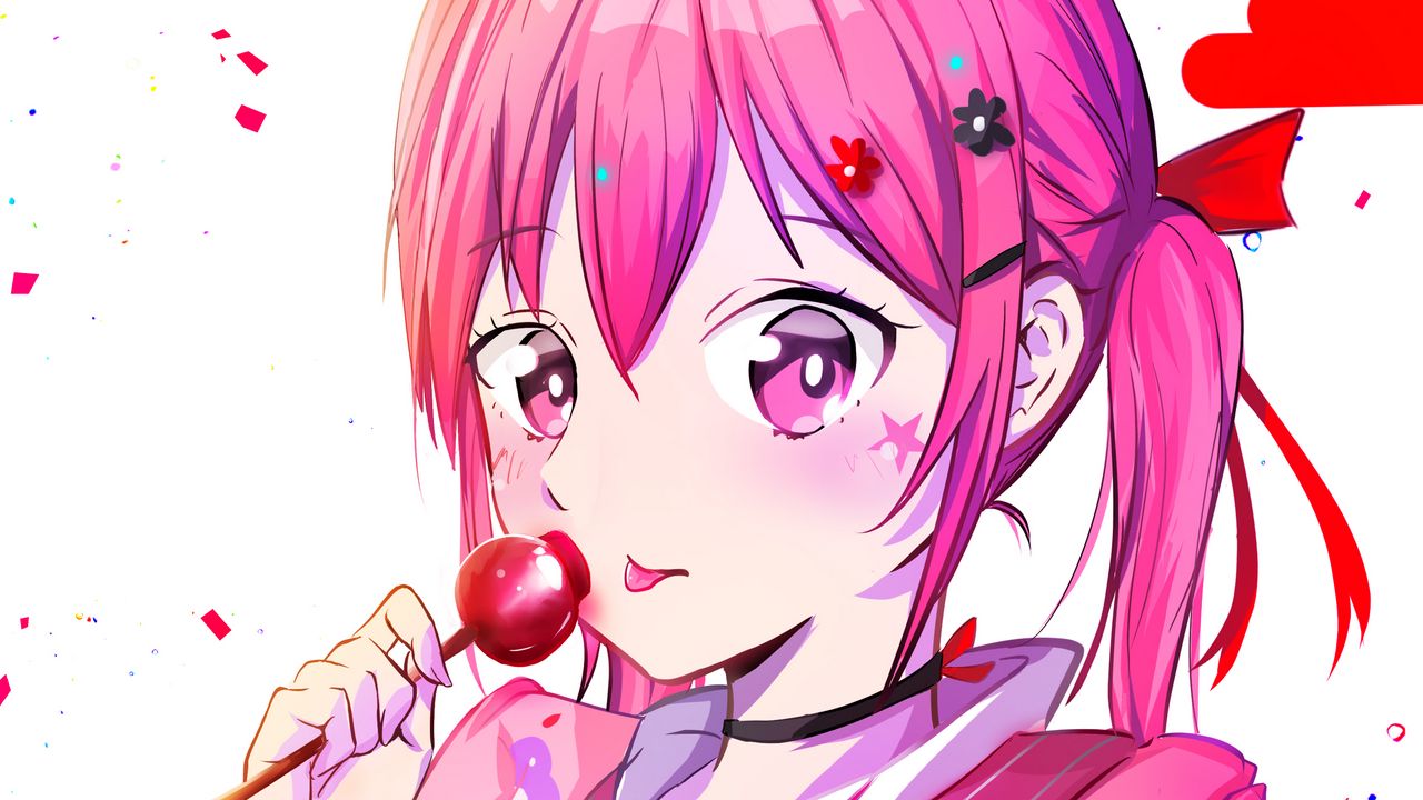 Wallpaper girl, kimono, lollipop, anime, pink, bright