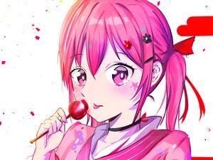 Preview wallpaper girl, kimono, lollipop, anime, pink, bright