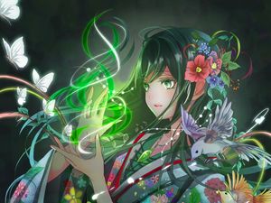 Preview wallpaper girl, kimono, magic, anime