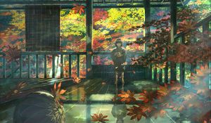 Preview wallpaper girl, kimono, maple, leaves, anime, art