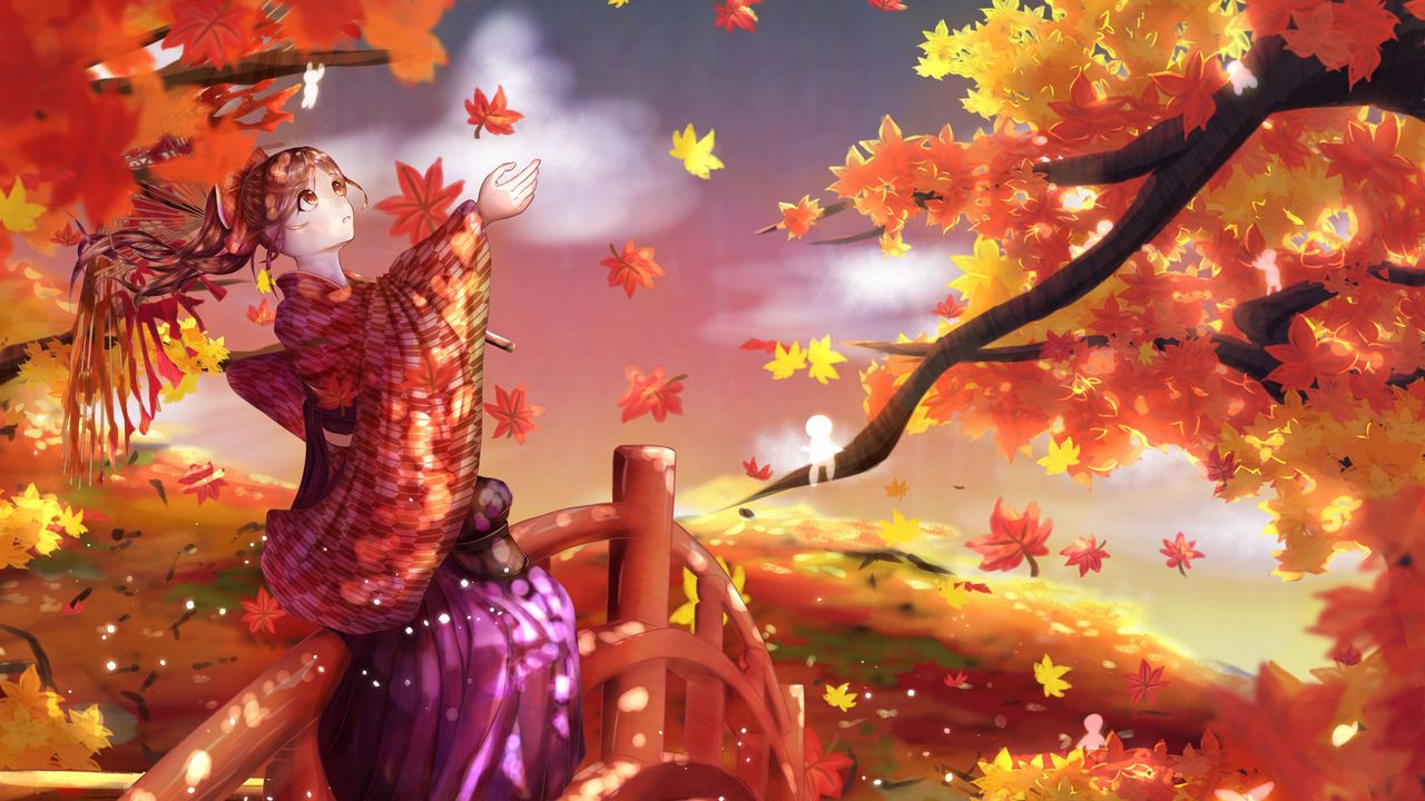 Wallpaper girl, kimono, maple leaves, autumn, anime