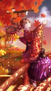 Preview wallpaper girl, kimono, maple leaves, autumn, anime