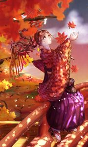 Preview wallpaper girl, kimono, maple leaves, autumn, anime