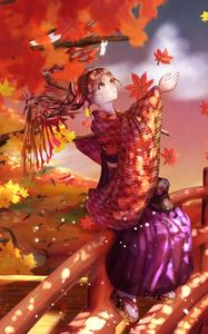 Preview wallpaper girl, kimono, maple leaves, autumn, anime