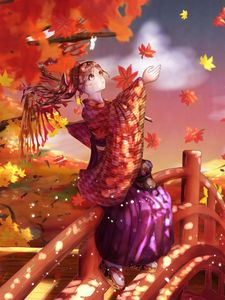 Preview wallpaper girl, kimono, maple leaves, autumn, anime