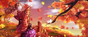 Preview wallpaper girl, kimono, maple leaves, autumn, anime