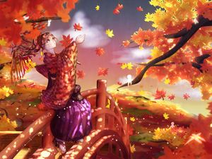 Preview wallpaper girl, kimono, maple leaves, autumn, anime