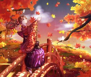 Preview wallpaper girl, kimono, maple leaves, autumn, anime