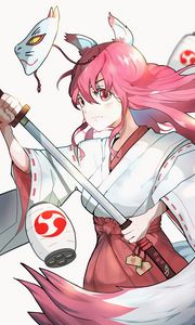 Preview wallpaper girl, kimono, mask, katana, warrior, anime