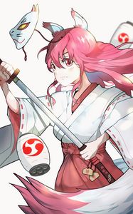 Preview wallpaper girl, kimono, mask, katana, warrior, anime