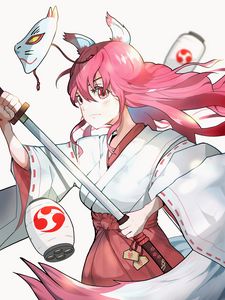 Preview wallpaper girl, kimono, mask, katana, warrior, anime